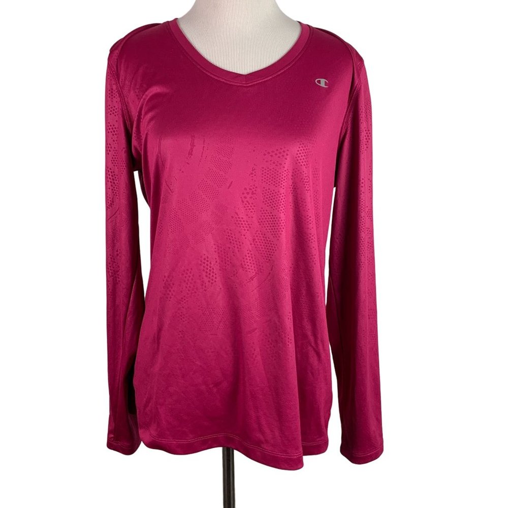 🟣🟣 CHAMPION Women's Size Large Pink Athletic Exercise Long Sleeve V Neck Shirt